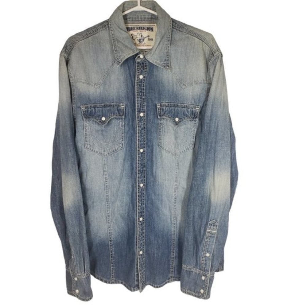 True Religion Denim Pearl Snap Shirt Western Cotton Light Wash Extra Large